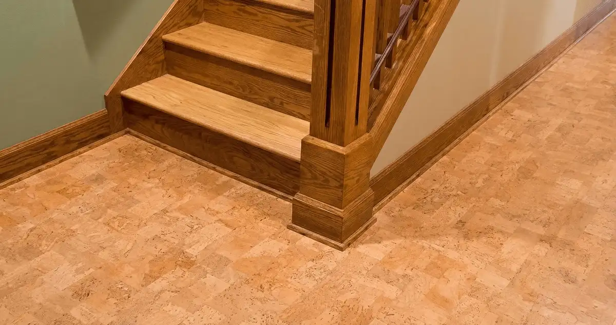 End of a staircase with cork flooring in Fresno, CA