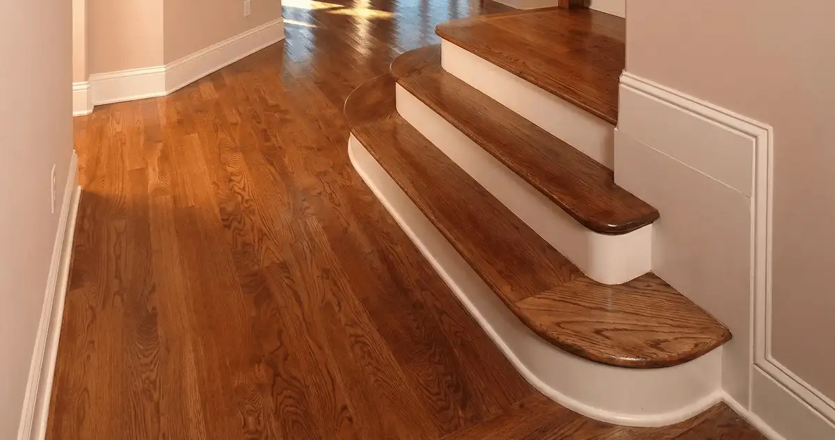 Base floor of a staircase with professionally restored wood flooring in Fresno CA