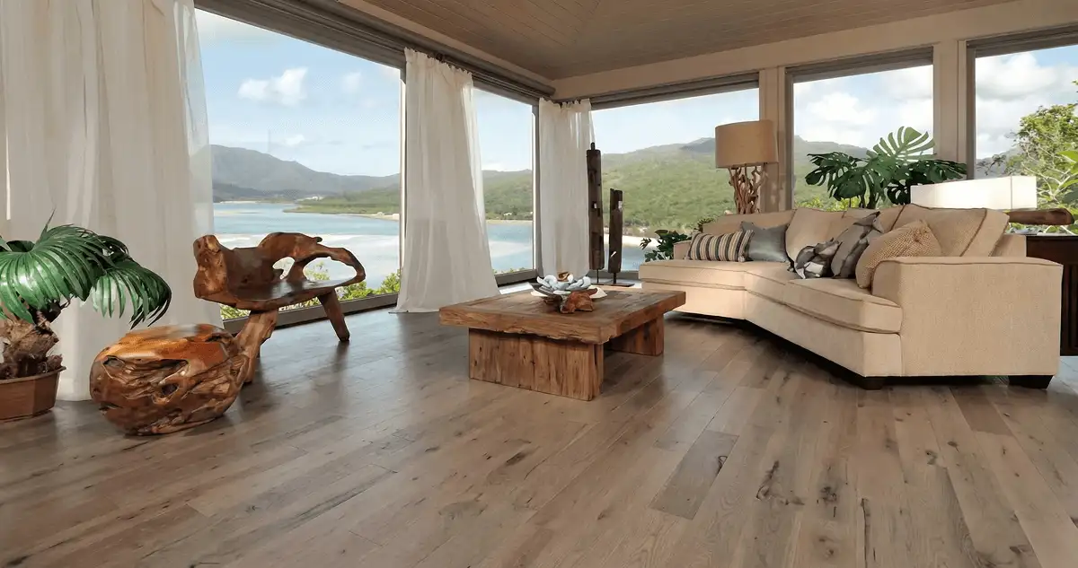 Professionally installed vinyl flooring in a modern living room with large windows in Fresno, CA